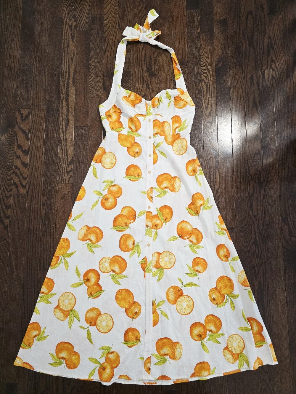 ZARA White Halter Midi Dress Viscose Linen Orange Fruit Print Size M